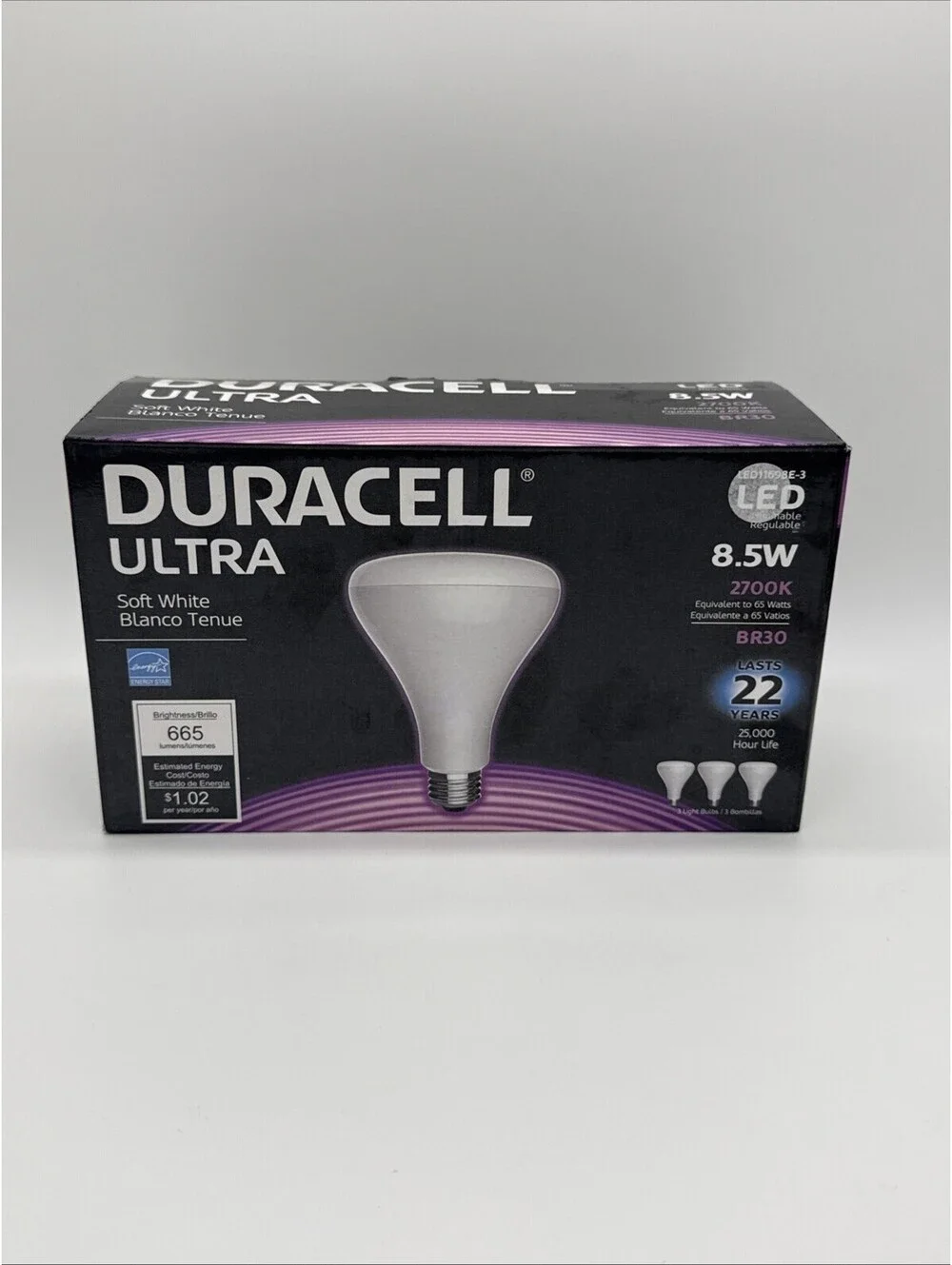 NIB Duracell Ultra Soft LED 8.5 W 2700 KBR 3020 5000 Hour Life Three Pack Bulbs